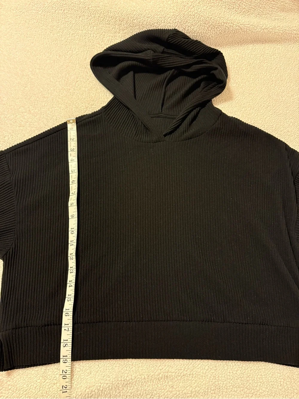 Alo Yoga Muse Hoodie Black Cropped Ribbed Knit Pullover Sweatshirt